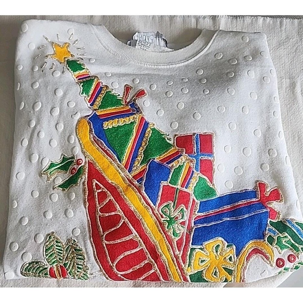 Wonderful Vintage JORDACHE Christmas Sleigh Tree Sweatshirt White  MEDIUM